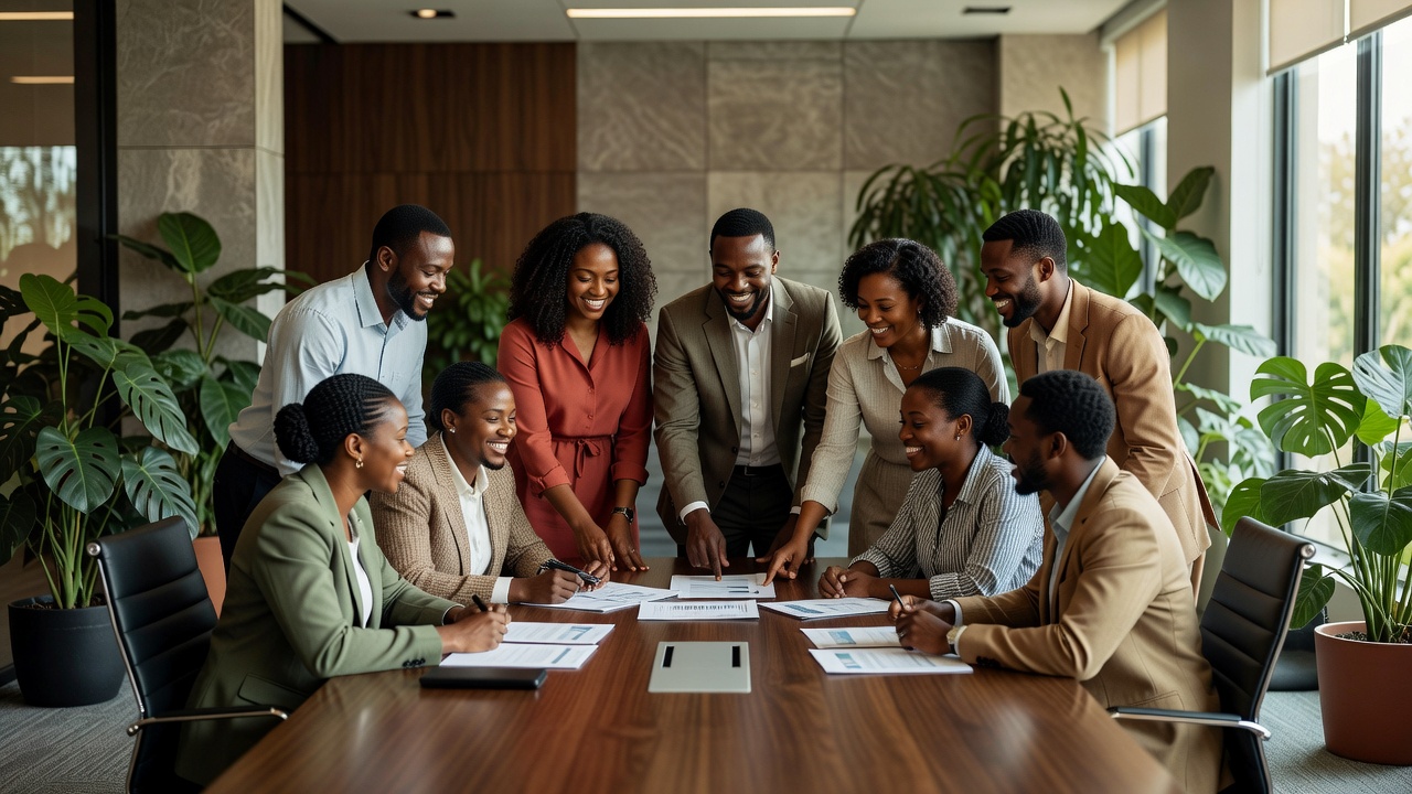 Professionals collaborating in a modern Kampala workspace